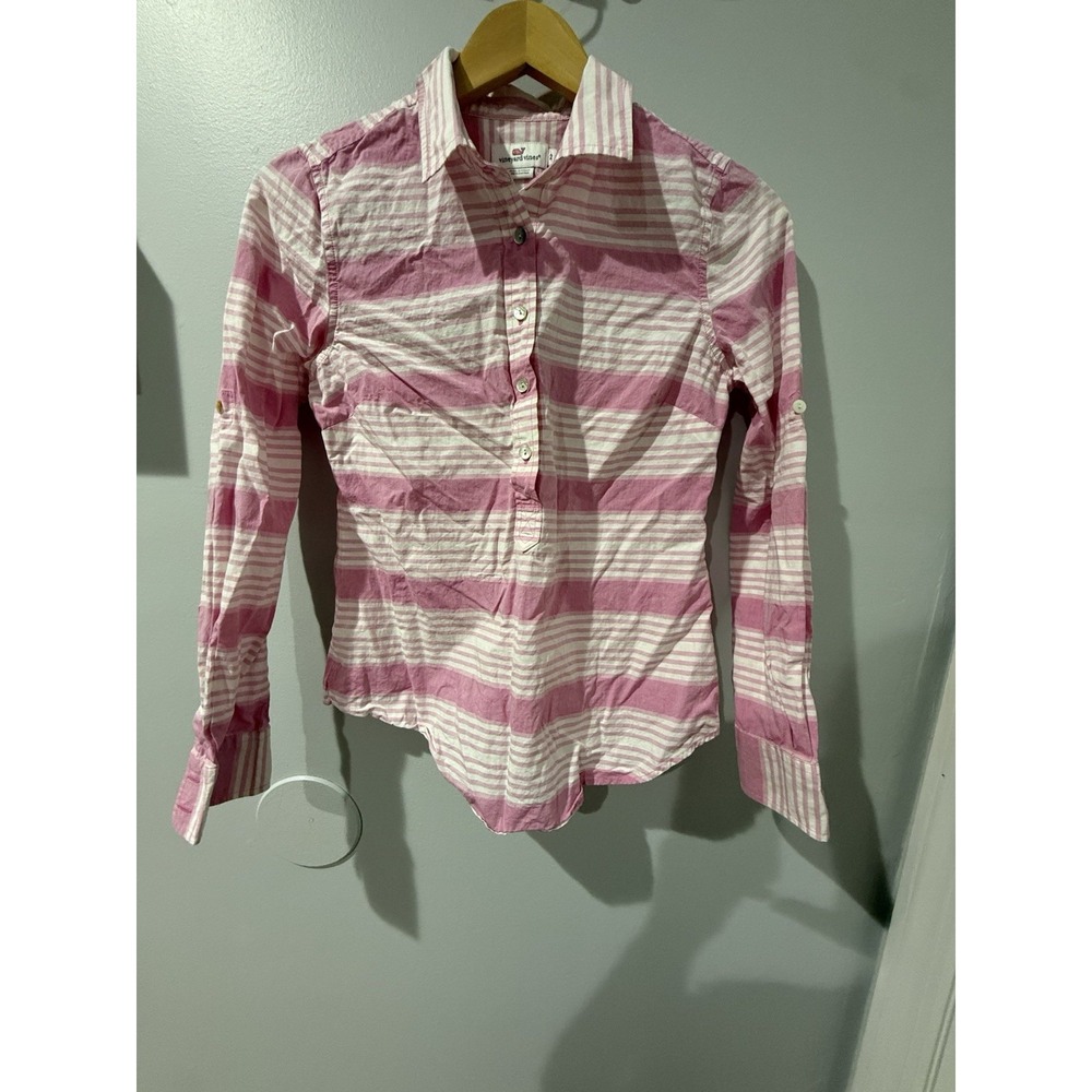 Vineyard Vines Women's 12‎ Button Up Shirt Blue White Stripe Pink Whale Logo L